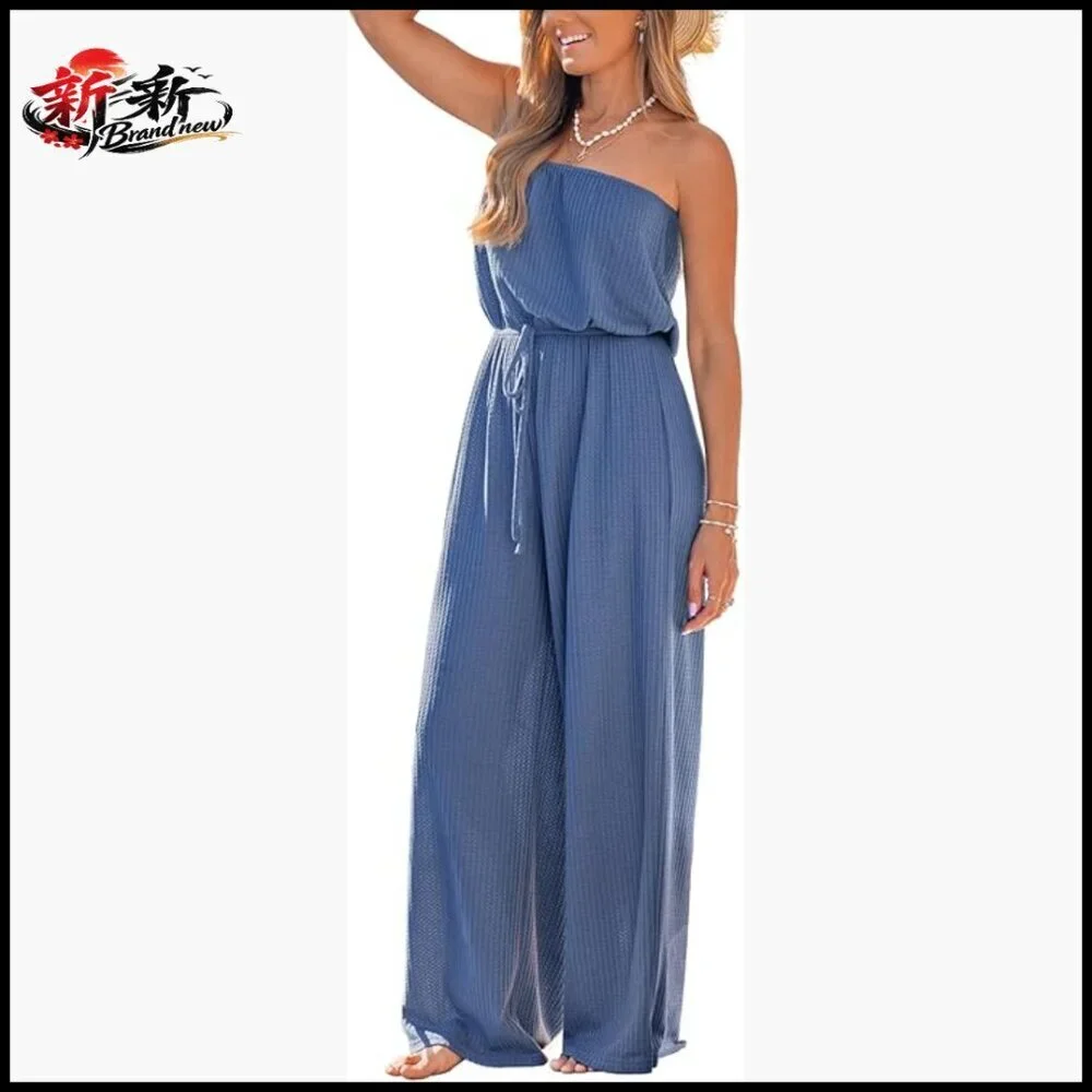 Sleeveless Jumpsuit with Elastic Waist and Wide Leg, 96% Polyester 4% Spandex